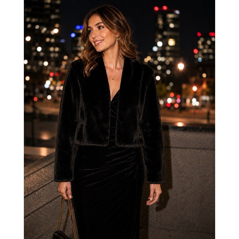 Xhilaration Black Faux Fur Cropped Women’s Jacket Coat Soft Plush Open Front